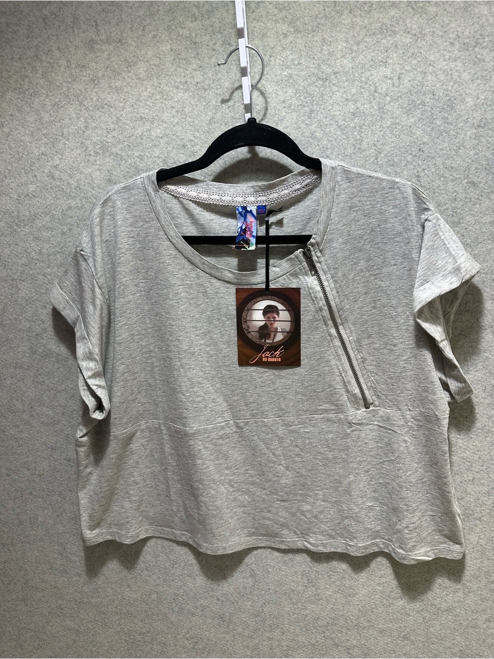 Jack by BB Dakota Heather Gray Cropped Zip Short Sleeve Top